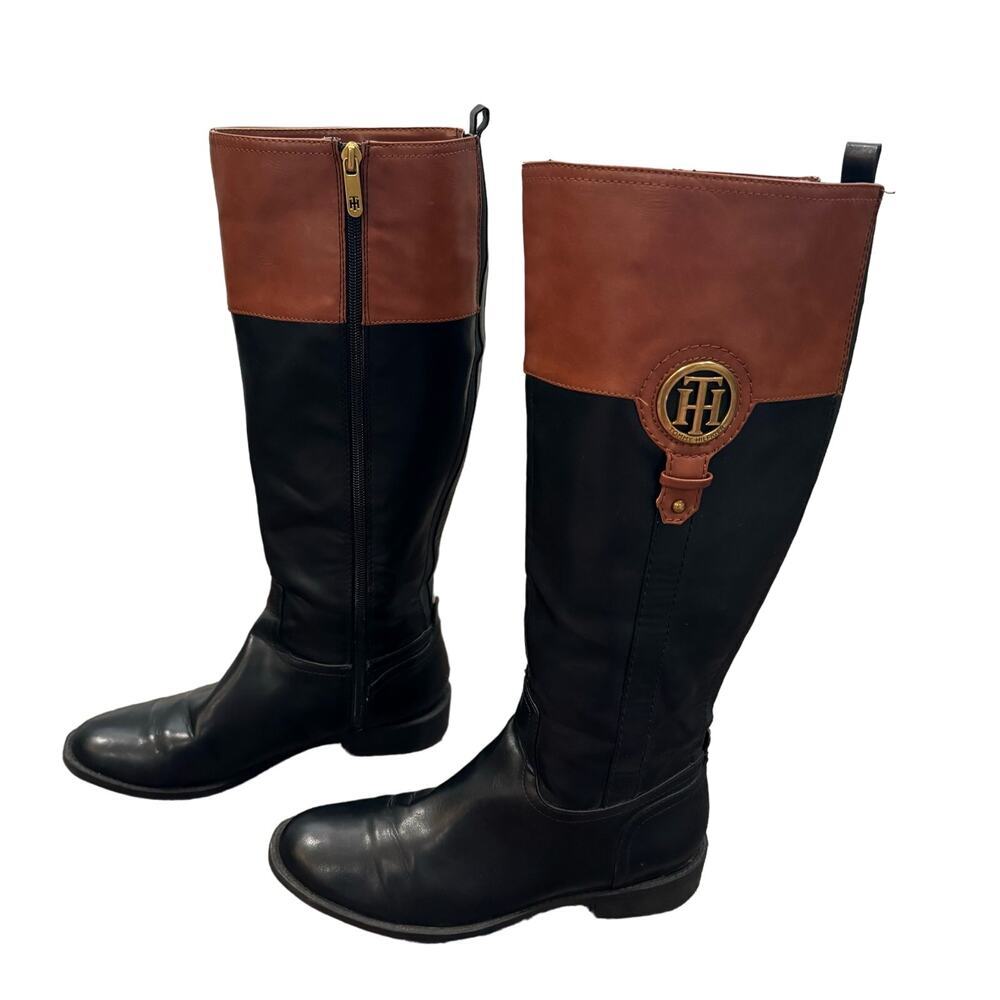 Tommy Hilfiger Riding Boots Two-Tone‎ Knee High Logo Black Brown Size 8